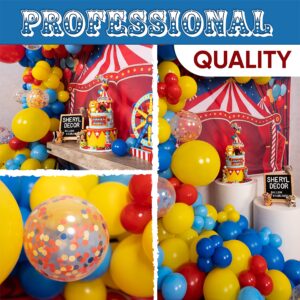 ALL-IN-1 Circus Balloons Arch Kit & Garland for Carnival Party Decorations Theme – Primary Color Balloons in Red Blue Yellow & Rainbow Confetti – Baby Shower Circus Birthday Party Supplies