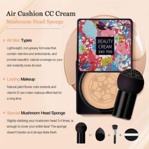 NUIBO Mushroom Head Air Cushion CC Cream Foundation, Moisturizing BB Cream, Long Lasting Matte Concealer with 2PCS Mushroom Head Sponges (Natural)