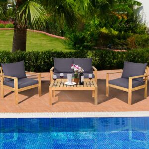 Tangkula Outdoor 4-Piece Acacia Wood Chat Set, 4 Seater Acacia Wood Conversation Sofa and Table Set with Waterproof Furniture Cover, Teak Finished (1, Grey)