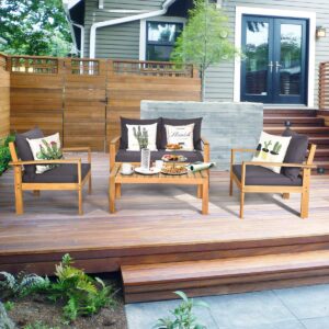 Tangkula Outdoor 4-Piece Acacia Wood Chat Set, 4 Seater Acacia Wood Conversation Sofa and Table Set with Waterproof Furniture Cover, Teak Finished (1, Grey)