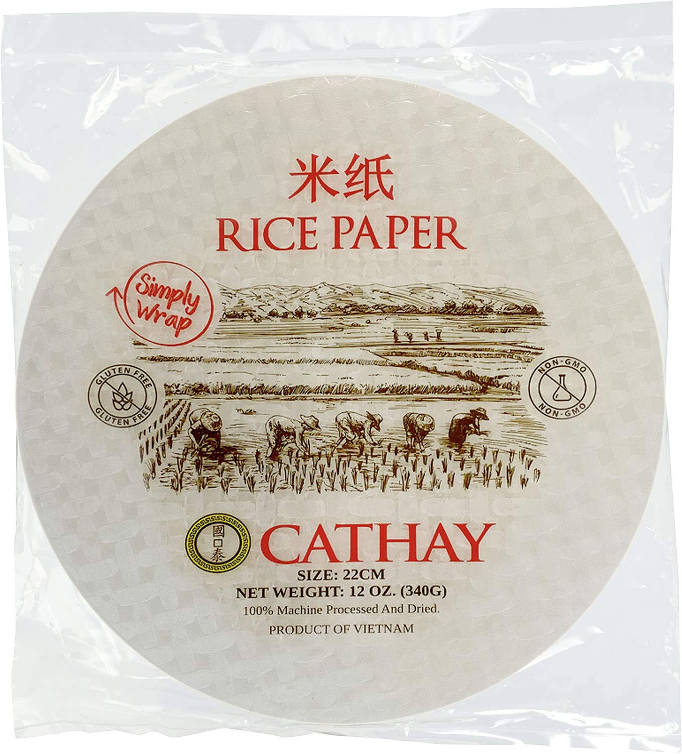 Cathay Fresh Spring Roll Rice Paper Wrappers, Rice Paper Wrappers for Fresh Rolls-30 Sheets, Non-GMO, Gluten-Free, Low Carb, Vietnamese Summer Wrap with Natural Ingredients, Veggie Wrap (Round, 22cm)