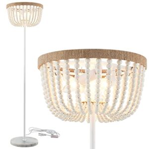 viluxy boho floor lamp with white wood beaded shade for bedroom, living room, girl room 3-light
