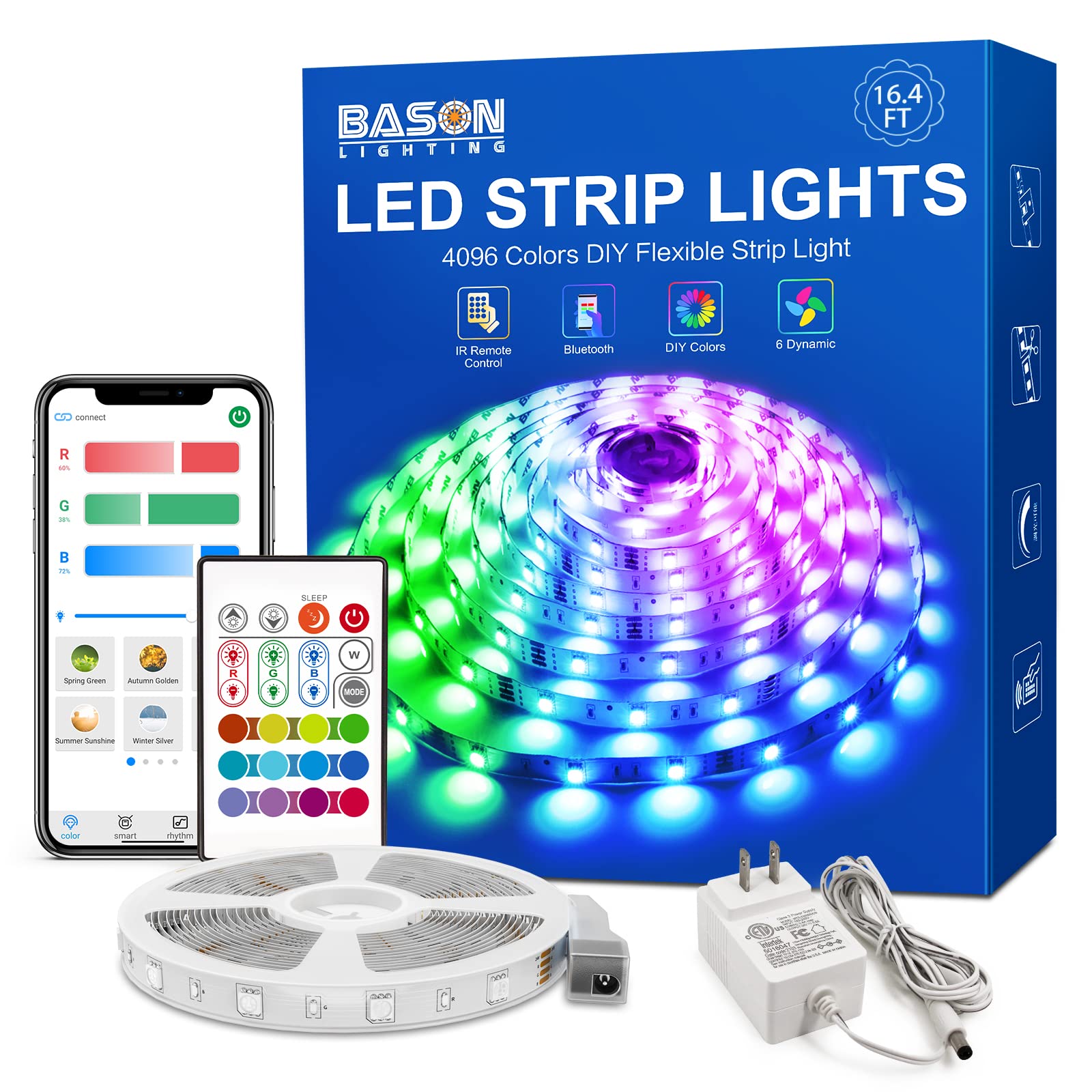 BASON LIGHTING Under Cabinet Lights with 44 Keys Remote and Power Supply, Under Bed Lights 32.8ft High Bright 300 LEDs Light Strips Kit for Kitchen,Bar,Computer Desk, Wall Lights.