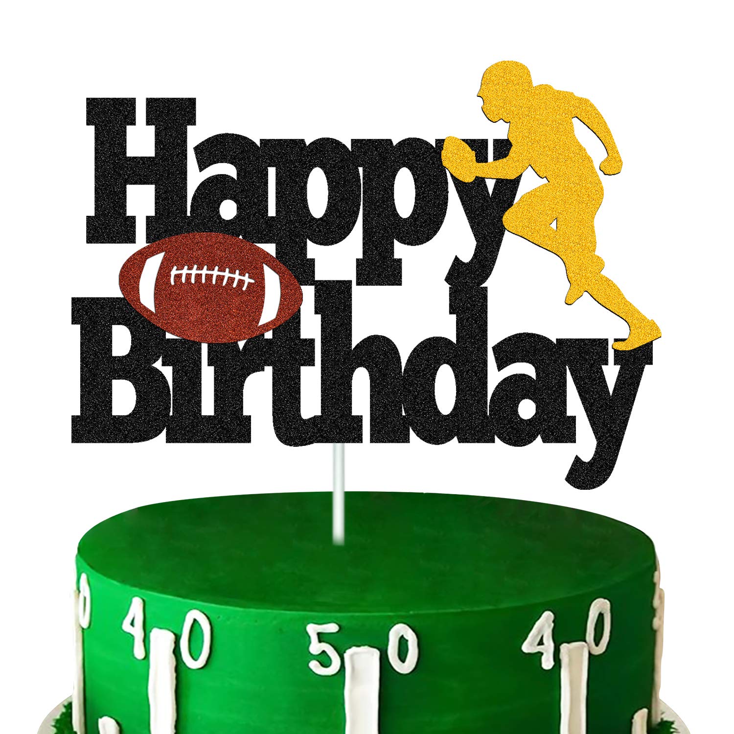 Football Cake Topper Rugby Ball Happy Birthday Cake Decorations for Man Kids Boy Girl Sport Game Day Super Bowl Touchdown Themed Party Supplies Black Sparkle Decor