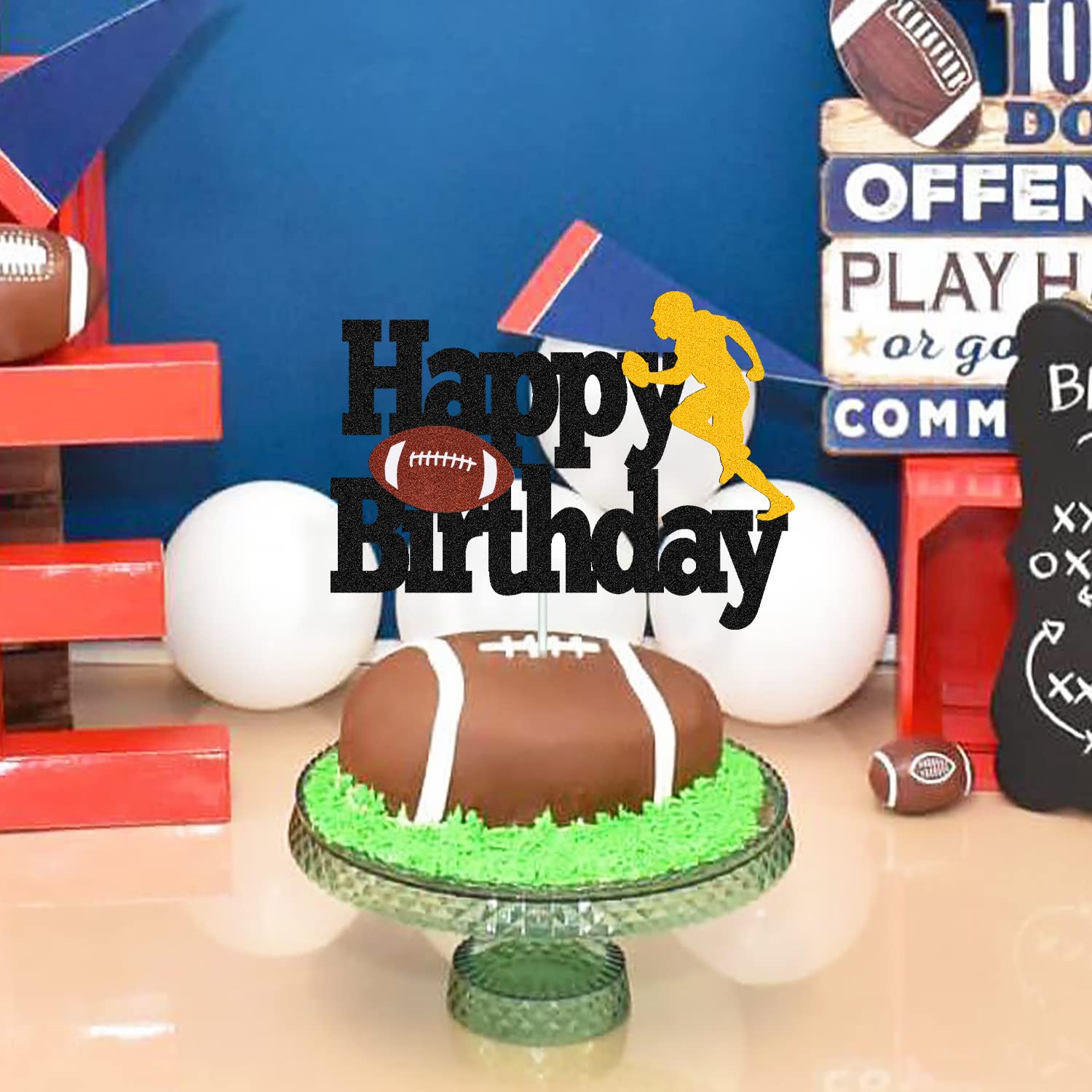 Football Cake Topper Rugby Ball Happy Birthday Cake Decorations for Man Kids Boy Girl Sport Game Day Super Bowl Touchdown Themed Party Supplies Black Sparkle Decor
