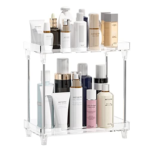 YIEZI Bathroom Organizer Countertop, 2-Tier Vanity Tray Corner Shelf for Makeup Cosmetic Perfume Skincare Bathroom Supplies and More, Multi-Functional Acrylic Organizer in Vanity Dresser Bathroom