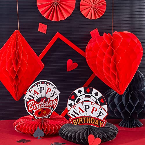 11 Pieces Casino Birthday Party Decorations Set, Includes Poker Happy Birthday Banner, 6 Casino Honeycomb, 4 Poker Card Hanging Swirls for Casino Poker Theme Birthday Party Supplies