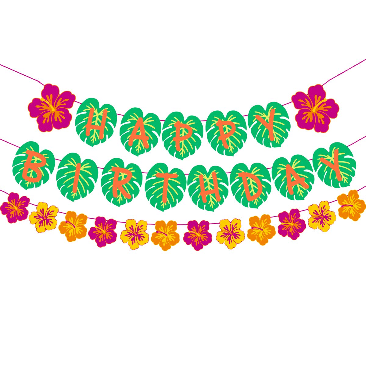 Hawaiian Party Happy Birthday Banner for Tropical Luau Party Palm Leaf Decorations