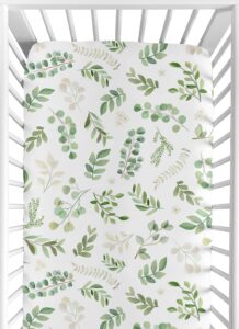 sweet jojo designs floral leaf girl fitted crib sheet baby or toddler bed nursery - green and white boho watercolor botanical woodland tropical garden