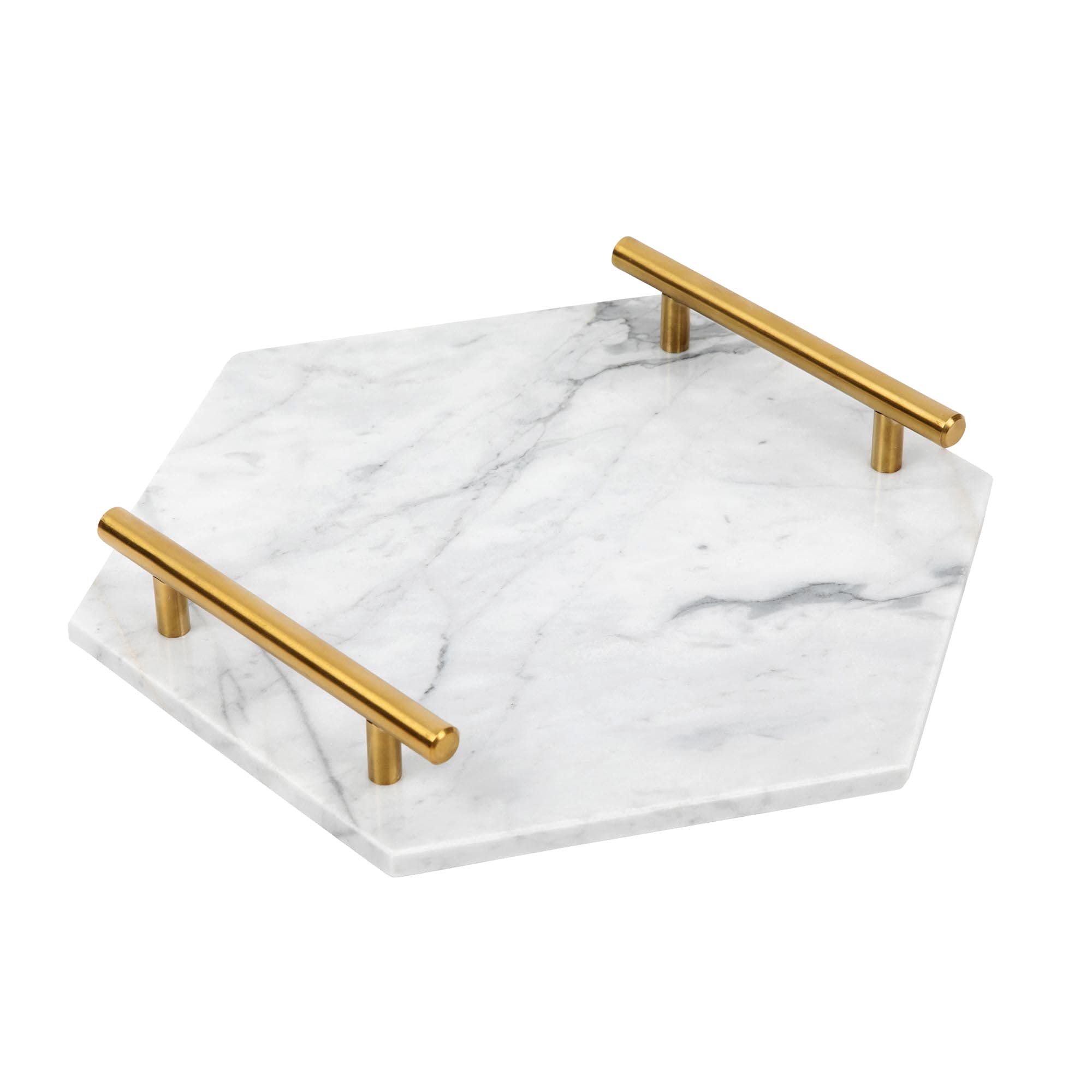 White Marble Tray with Gold Handles - Solid Marble Perfume Tray for Vanity - Chic Modern Hexagon Tray, Room Decor Tray, Elegant Bathroom Tray (Hexagon, White)