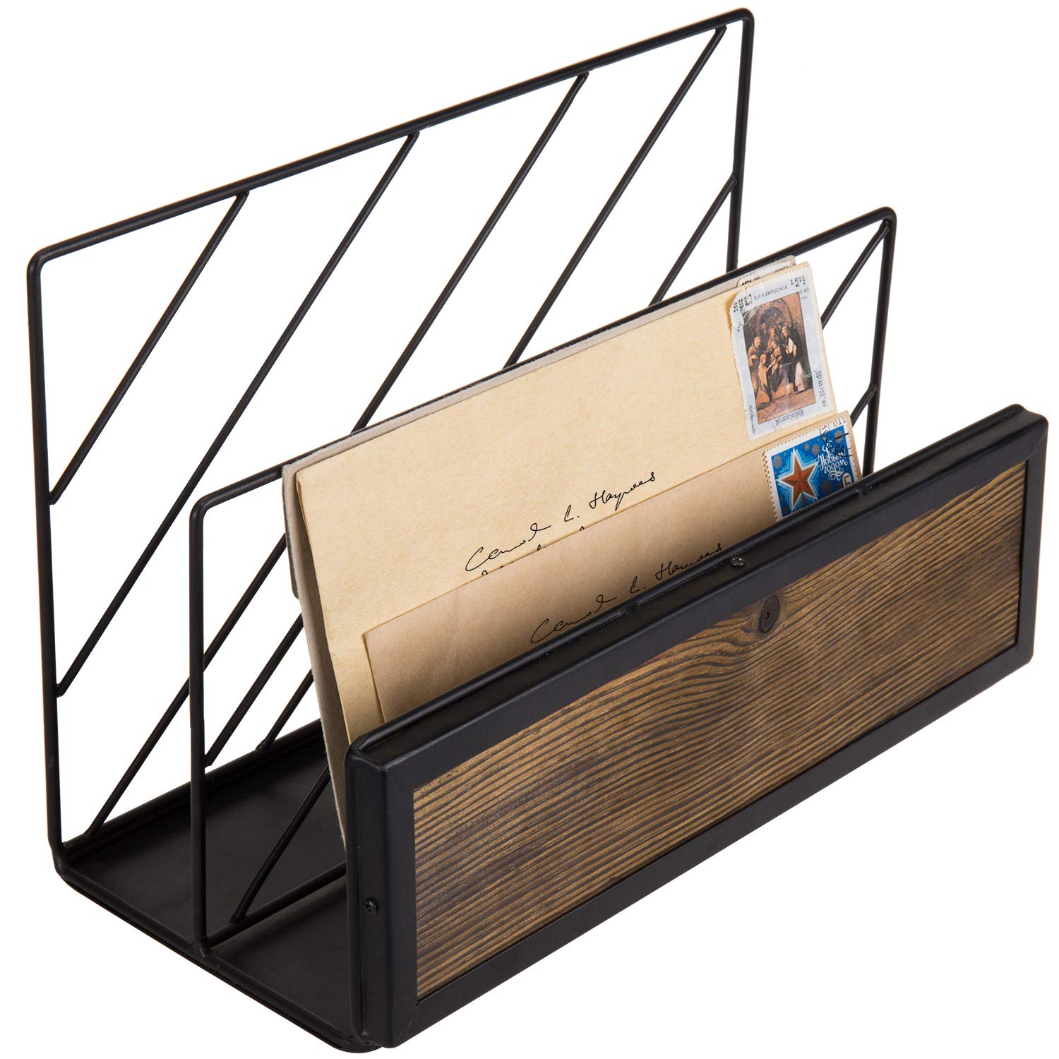 MyGift 2 Slot Black Metal Office Desktop Mail Holder Organizer with Burnt Solid Wood Base and Front Panel Accent, Document File Folder and Magazine Holder Rack