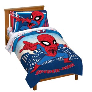 Jay Franco Marvel Super Hero Adventures Go Spidey 4 Piece Toddler Bed Set – Super Soft Microfiber Bed Set Includes Toddler Size Comforter & Sheet Set - Bedding Features Spiderman