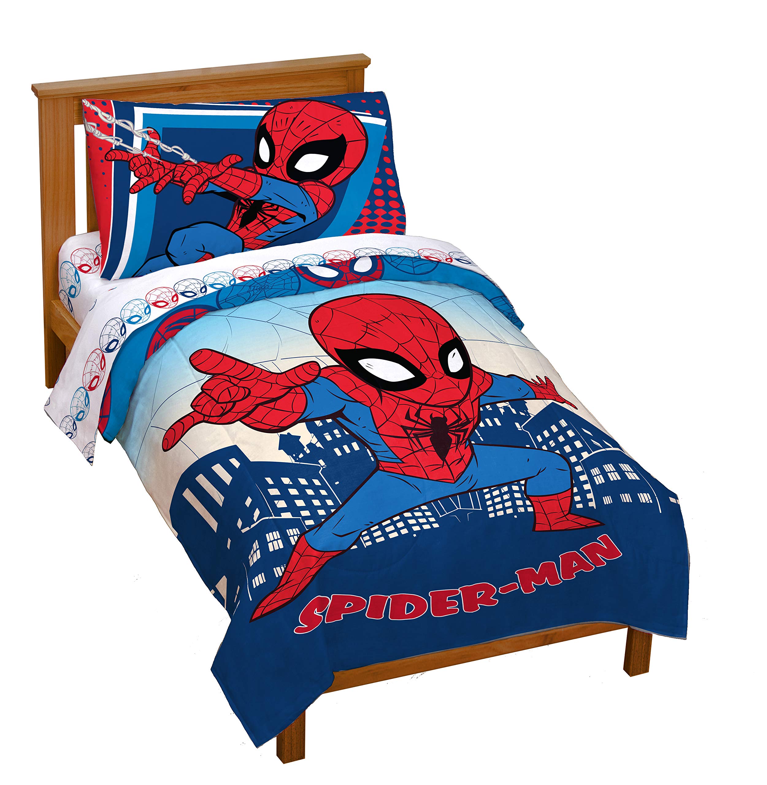 Jay Franco Marvel Super Hero Adventures Go Spidey 4 Piece Toddler Bed Set – Super Soft Microfiber Bed Set Includes Toddler Size Comforter & Sheet Set - Bedding Features Spiderman