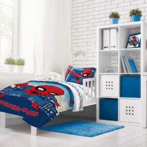 Jay Franco Marvel Super Hero Adventures Go Spidey 4 Piece Toddler Bed Set – Super Soft Microfiber Bed Set Includes Toddler Size Comforter & Sheet Set - Bedding Features Spiderman