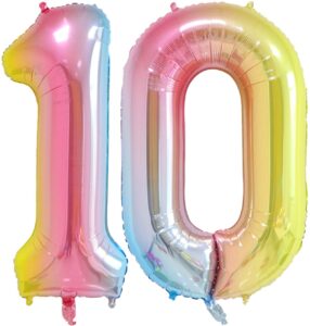 40 inch number 10 balloons foil helium - 2 pcs 10 number balloons for birthday party decorations mylar rainbow digital jumbo balloons for wedding anniversary (rainbow, no.10)