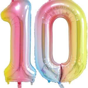 40 inch Number 10 Balloons Foil Helium - 2 PCs 10 Number Balloons for Birthday Party Decorations Mylar Rainbow Digital Jumbo Balloons for Wedding Anniversary (Rainbow, NO.10)