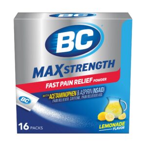 bc max strength fast pain relief powder, lemonade flavor aspirin 500mg and acetaminophen 500mg dissolve packs, 16 count
