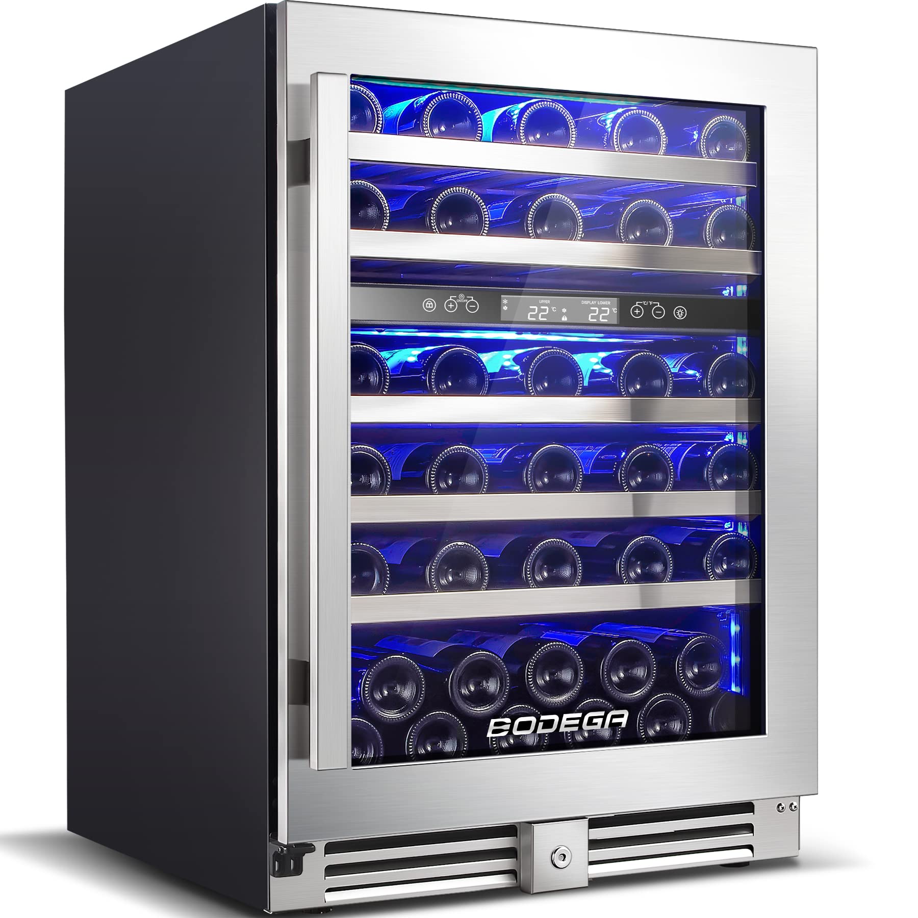 BODEGA 24 Inch Wine Cooler,56 Bottle Wine Refrigerator Dual Zone, Built-In and Freestanding Wine Fridge,with Quick and Silent Cooling System for Red, Rose and Sparkling Wines,Stylish Look