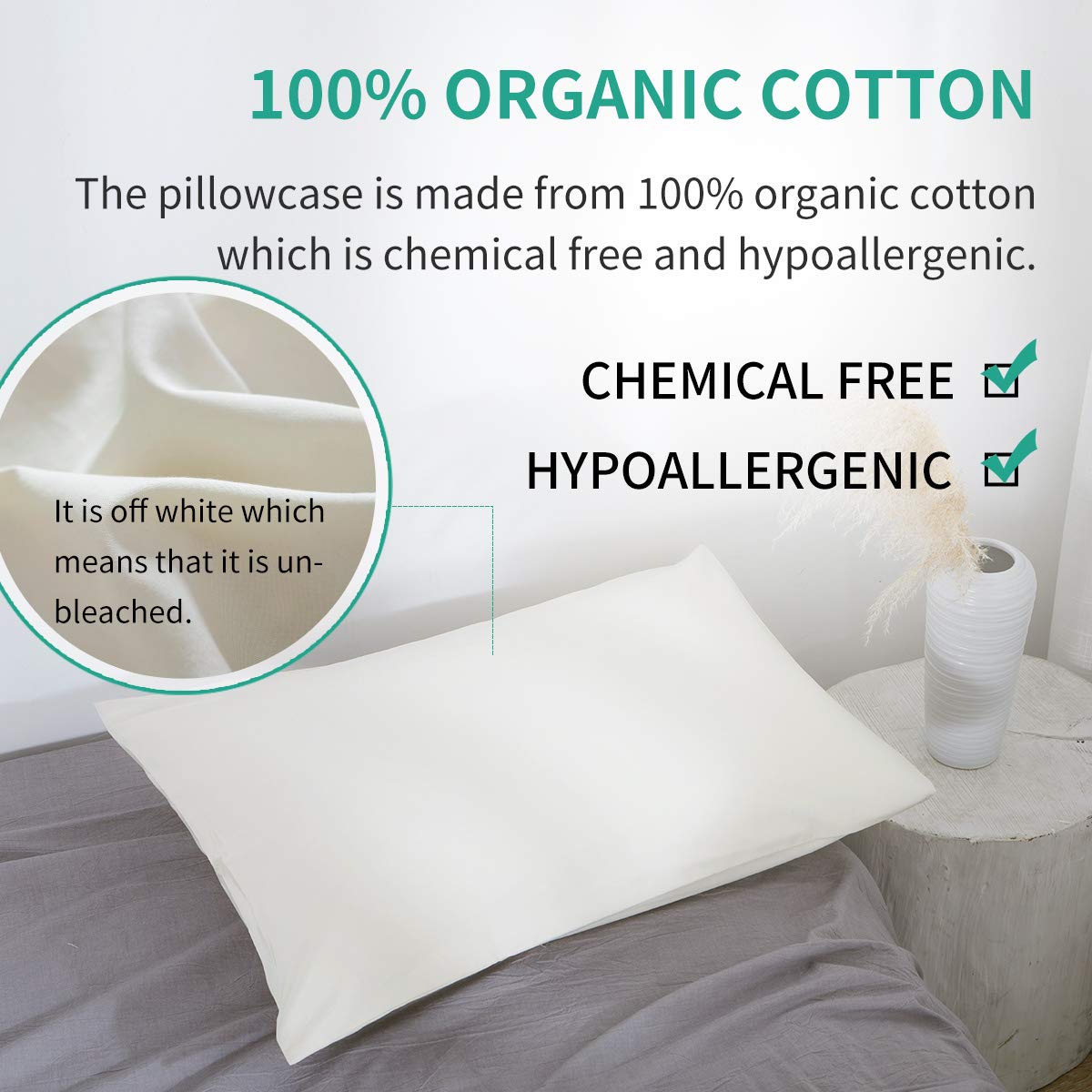 Lofe Organic Cotton Pillow Case - One Pack 16"x 22" Kids Pillow Cover - 300 TC Thread Count - Soft, Safe and Hypoallergenic - Off White