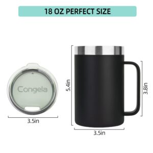 Congela 18oz BLACK stainless steel insulated coffee mug with handle, tea cup with clear Tritan lid(Black,18oz)