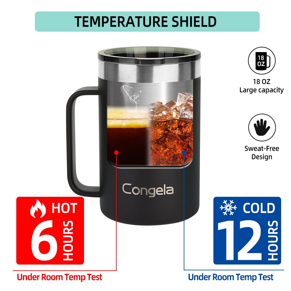 Congela 18oz BLACK stainless steel insulated coffee mug with handle, tea cup with clear Tritan lid(Black,18oz)