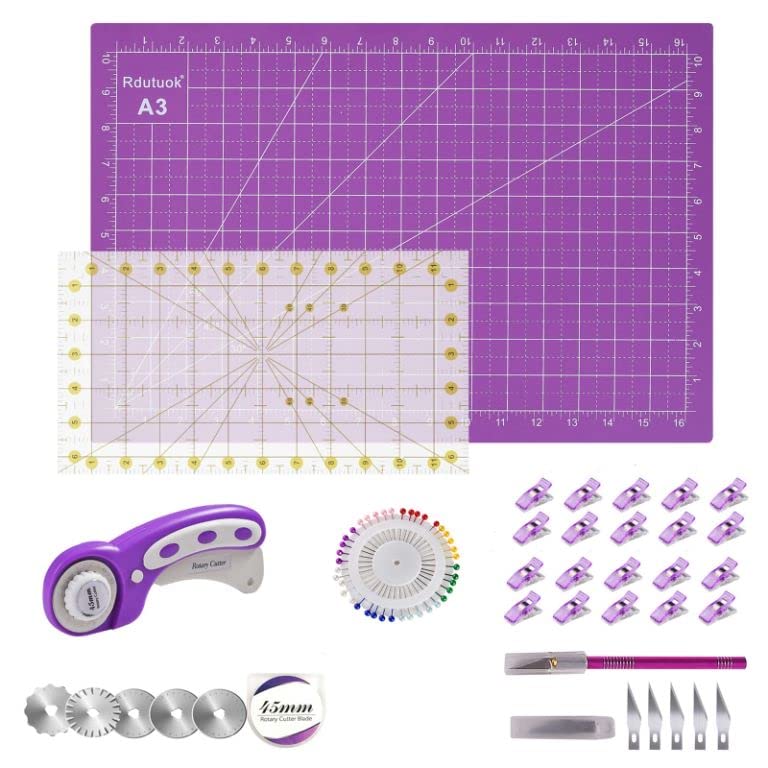 Rdutuok Rotary Cutter Set 45mm Fabric Cutter Set Quilting Kit, 5 Replacement Blades, A3 Cutting Mat(18X12"), Acrylic Ruler,Sewing Pins,Craft Knife and Craft Clips for Sewing and Crafting (Purple)