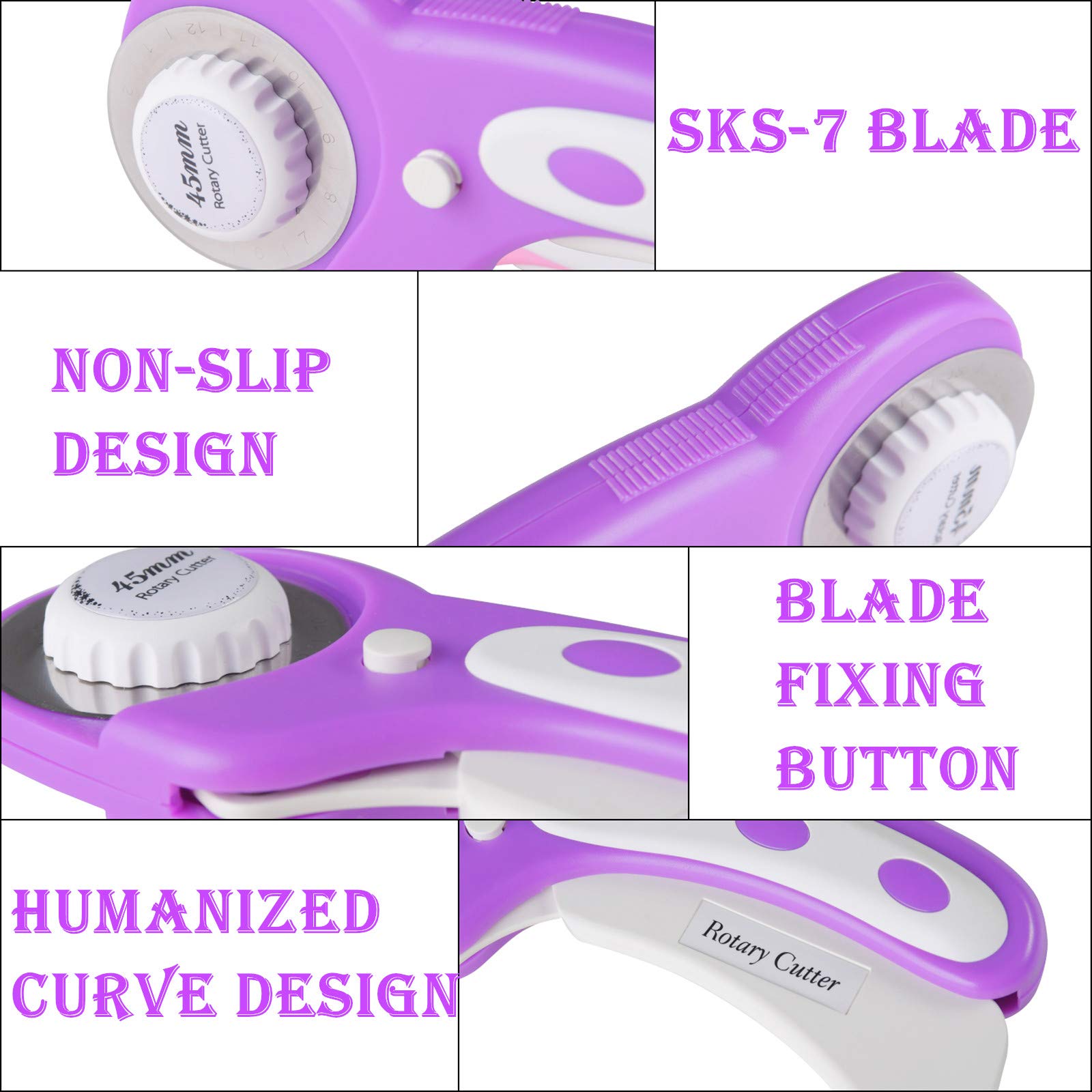 Rdutuok Rotary Cutter Set 45mm Fabric Cutter Set Quilting Kit, 5 Replacement Blades, A3 Cutting Mat(18X12"), Acrylic Ruler,Sewing Pins,Craft Knife and Craft Clips for Sewing and Crafting (Purple)