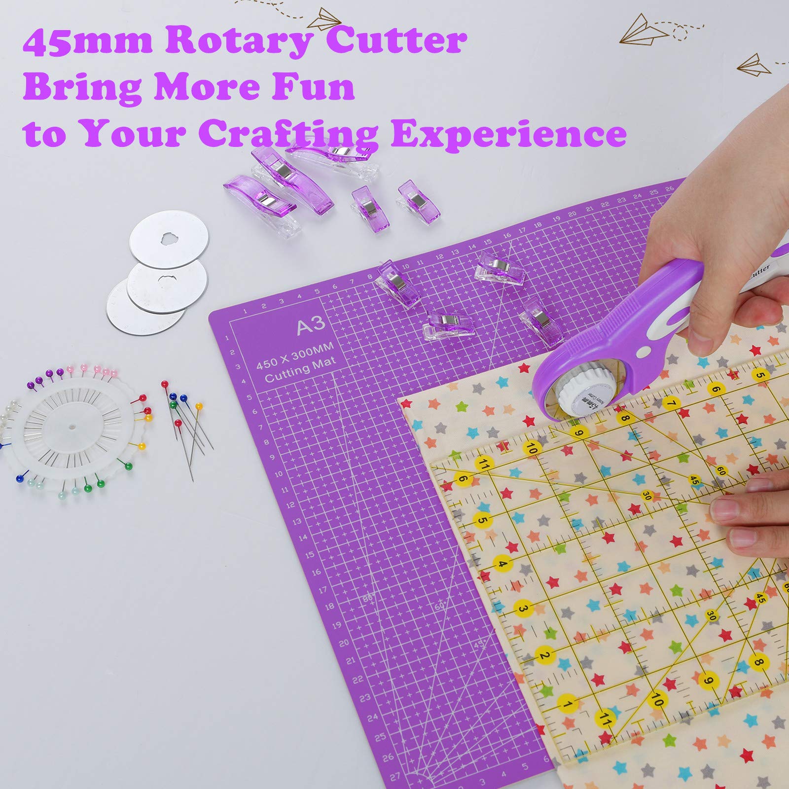 Rdutuok Rotary Cutter Set 45mm Fabric Cutter Set Quilting Kit, 5 Replacement Blades, A3 Cutting Mat(18X12"), Acrylic Ruler,Sewing Pins,Craft Knife and Craft Clips for Sewing and Crafting (Purple)