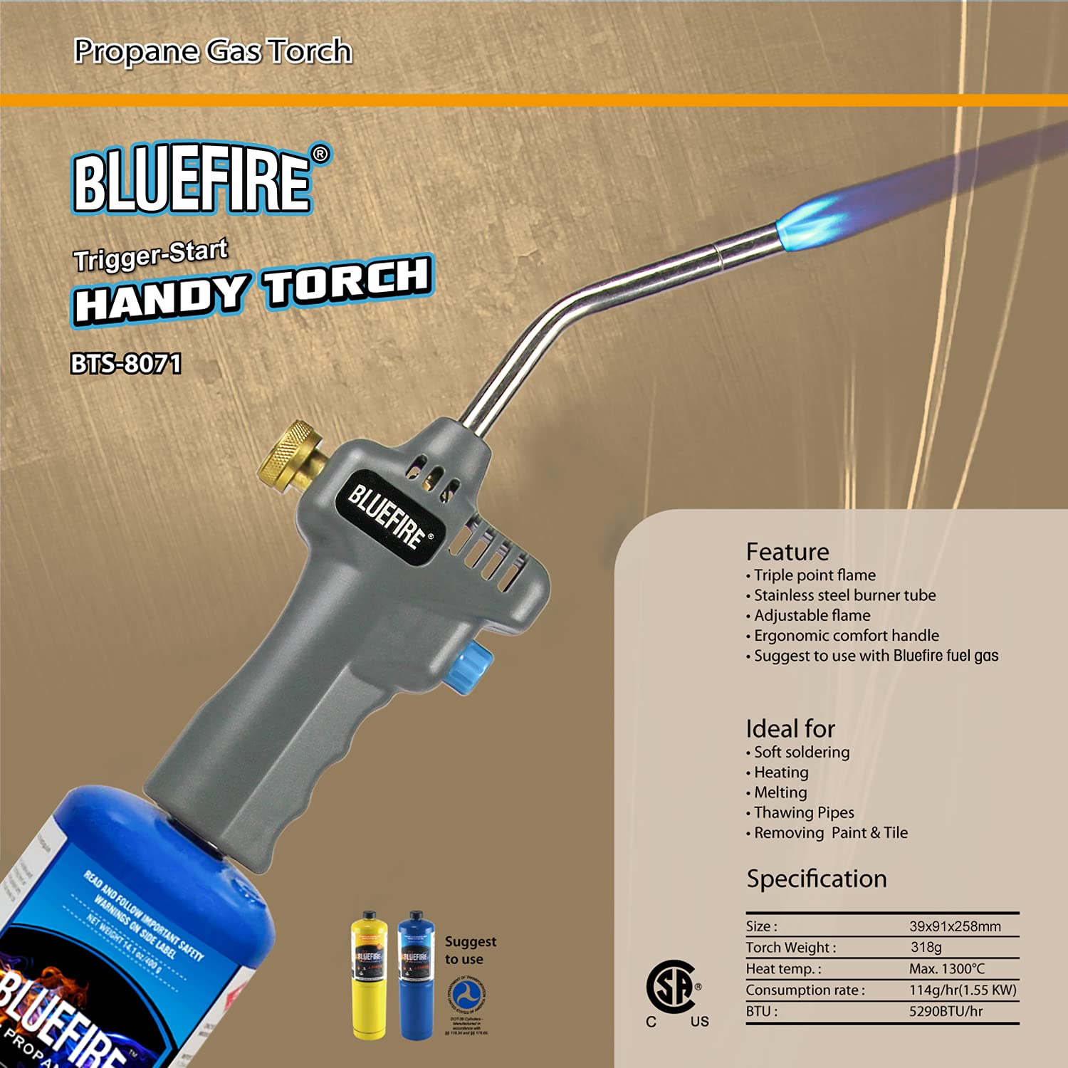 BLUEFIRE BTS-8071 Trigger Start Handy Gas Welding Propane Torch Head MAPP MAP PRO Handhold Portable Nozzle Upgrade Brass Knob All-purpose Flame Thrower Tool for Brazing Soldering Cooking Lighting