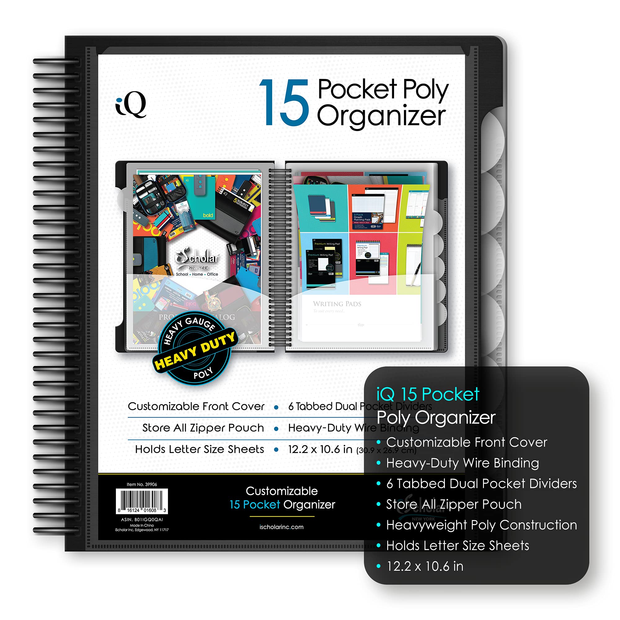 iScholar iQ+ 15 Pocket Organizer, 12.2 x 11 Inches, Tabbed Dividers, Black (39906-BK)