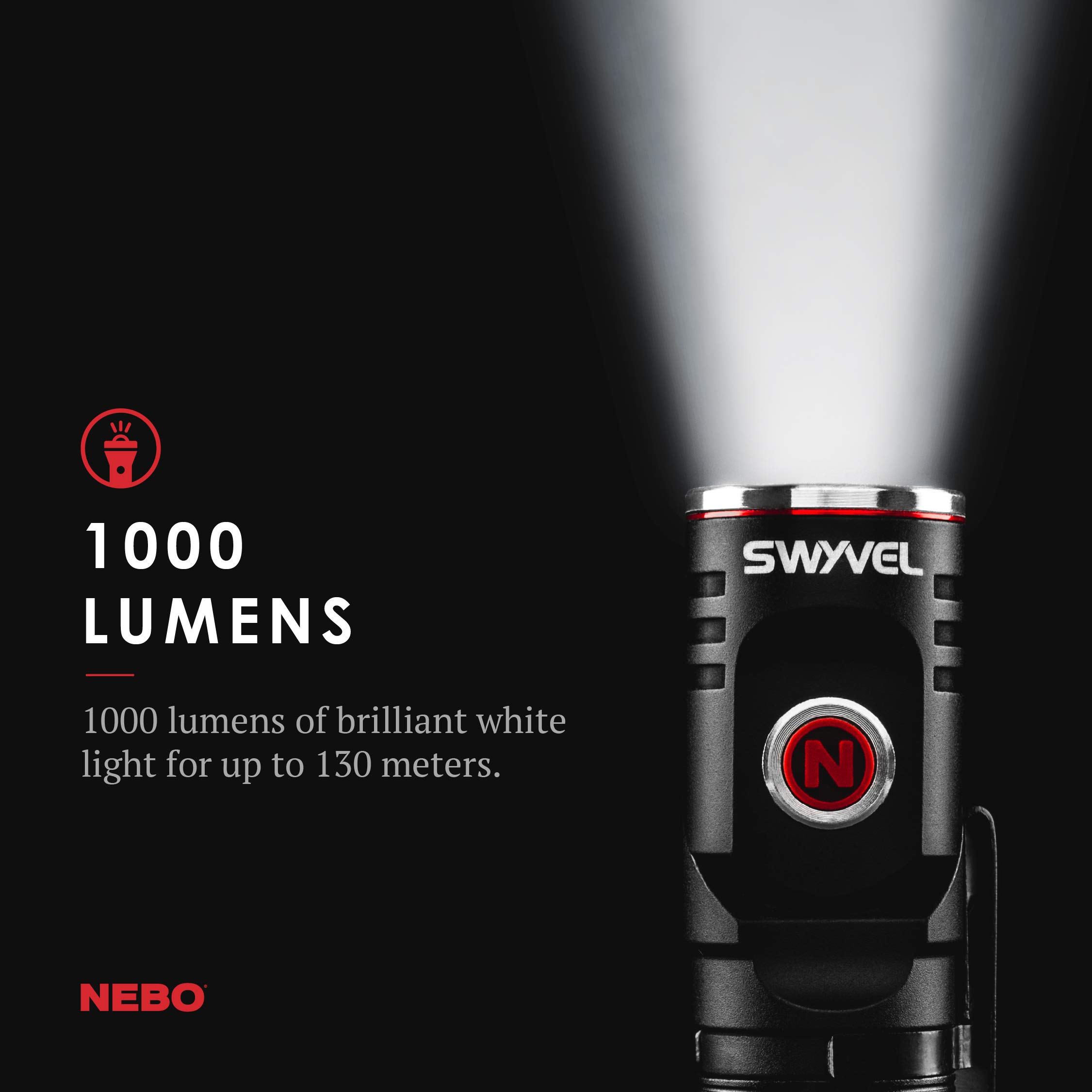 NEBO SWYVEL 1000 Lumen USB Wireless Rechargeable Aluminum Flashlight: Compact 90 Degree Rotating Swivel Head Work Light; 5 Light Modes; Pocket Clip Magnetic Base for Hands-Free Lighting -Black