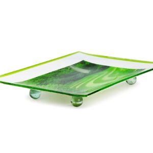 GAC Unique Landscape Design Rectangular Tempered Glass Serving Tray on Glass Ball Legs – 10x14 Inch – Break Resistant – Oven, Microwave, and Dishwasher Safe – Attractive Green Colored Serving Platter