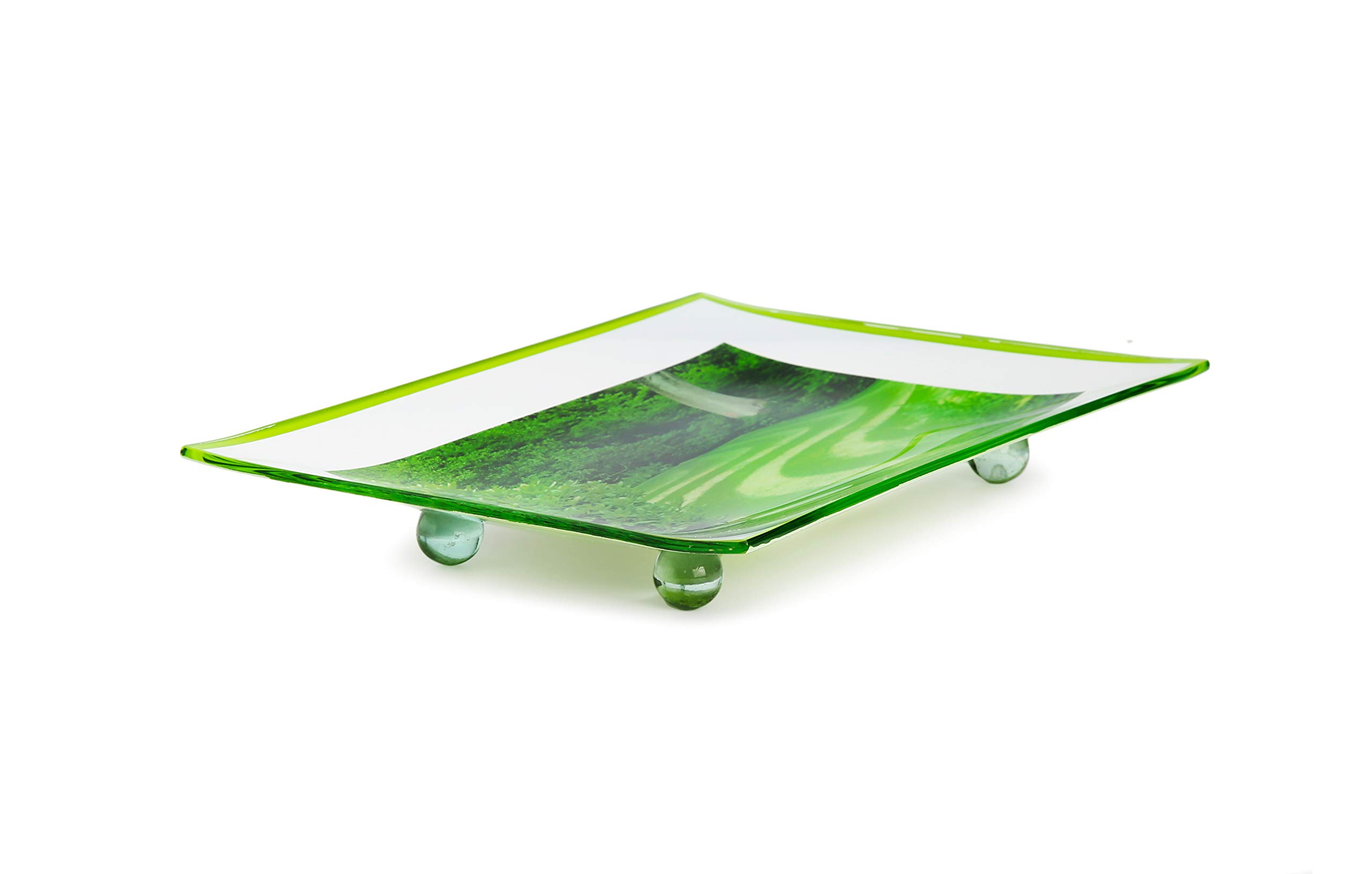 GAC Unique Landscape Design Rectangular Tempered Glass Serving Tray on Glass Ball Legs – 10x14 Inch – Break Resistant – Oven, Microwave, and Dishwasher Safe – Attractive Green Colored Serving Platter