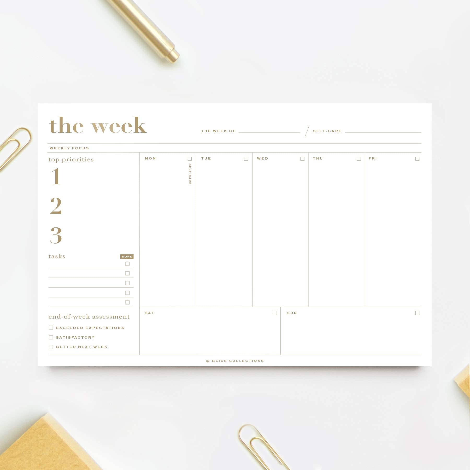 Bliss Collections Essential Weekly Planner - 6x9 w/ 50 Undated Tear-Off Sheets, Gold Organizer Notepad for Productivity, Tasks, Personal Habit, & More
