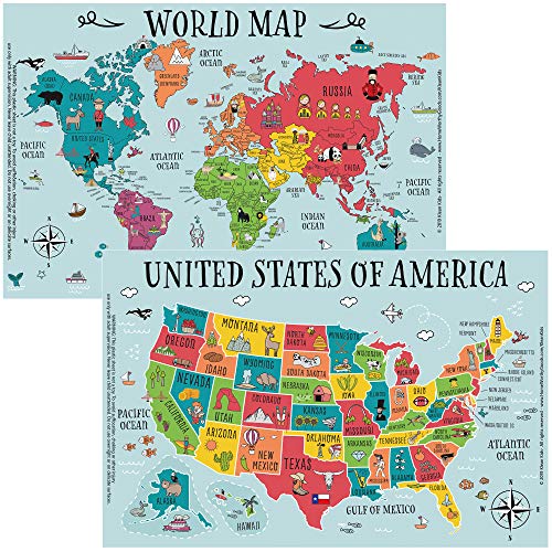 World and US Map Educational Disposable Placemats for Baby, Toddler and Kids - (50 Pack) - Neat and Clean Table Mat - Sticky Table Topper