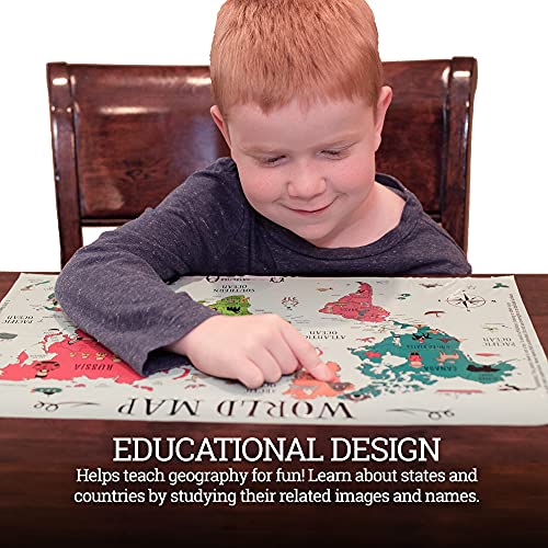 World and US Map Educational Disposable Placemats for Baby, Toddler and Kids - (50 Pack) - Neat and Clean Table Mat - Sticky Table Topper