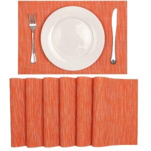 SHACOS Vinyl Placemats Set of 6 Durable Wipe Clean Place Mats Stain Resistant Heat Resistant Indoor Outdoor PVC Weave Table Mats (6, Orange)