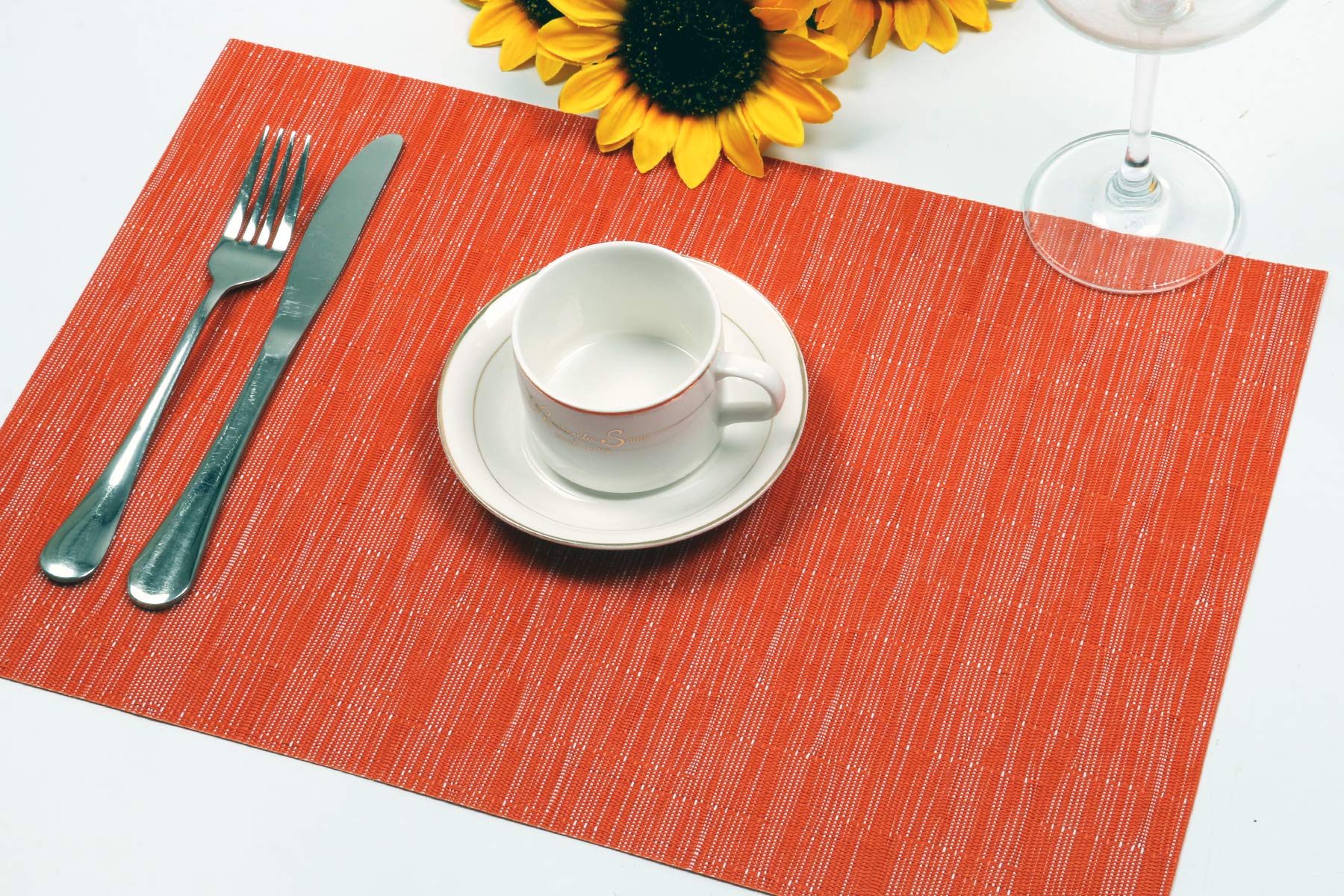 SHACOS Vinyl Placemats Set of 6 Durable Wipe Clean Place Mats Stain Resistant Heat Resistant Indoor Outdoor PVC Weave Table Mats (6, Orange)