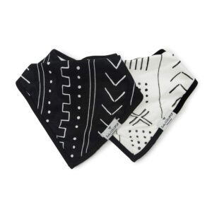 loulou lollipop soft breathable and absorbent muslin bandana bib drool bib set for baby girl and boy, adjustable 3 to 36 months, 2 pack - white & black mudcloth