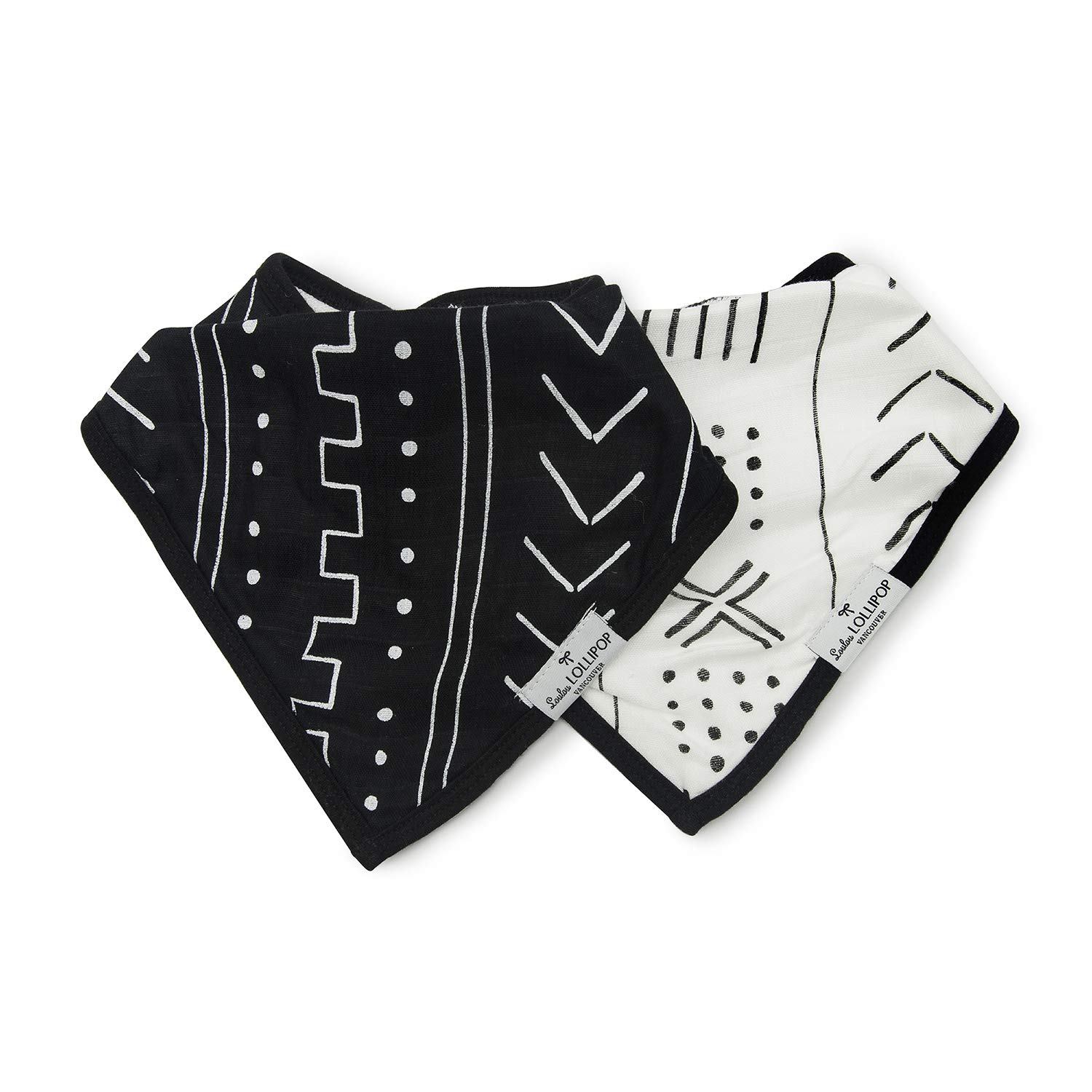 Loulou Lollipop Soft Breathable and Absorbent Muslin Bandana Bib Drool Bib Set for Baby Girl and Boy, Adjustable 3 to 36 Months, 2 Pack - White & Black Mudcloth