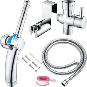 BARROCK Handheld Bidet Sprayer Combo Set for Toilet, Portable Bathroom Bidet Seat Attachment, 2 Way Installation Hang or Wall-Mount Shattaf Kit for Women with Brass T-Valve Explosion-Proof Hose Chrome