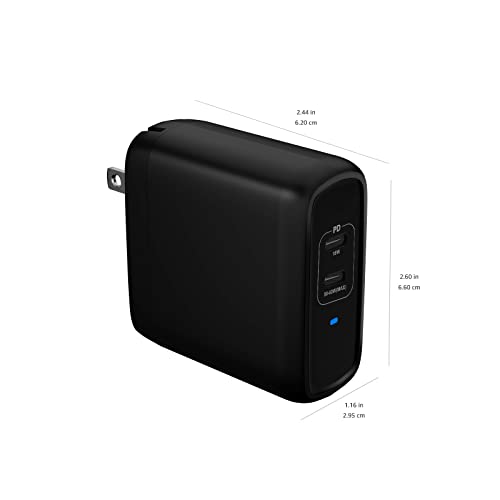 Amazon Basics 68W Two-Port GaN Wall Charger with 2 USB-C Ports (60W, 18W) with PD for Laptops, Tablets & Phones (iPhone 15/14/13/12/11/X, iPad, MacPro, Samsung & more), non-PPS, Black