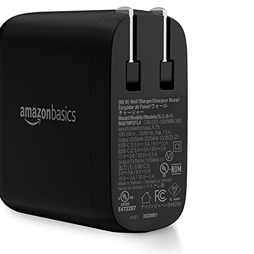 Amazon Basics 68W Two-Port GaN Wall Charger with 2 USB-C Ports (60W, 18W) with PD for Laptops, Tablets & Phones (iPhone 15/14/13/12/11/X, iPad, MacPro, Samsung & more), non-PPS, Black