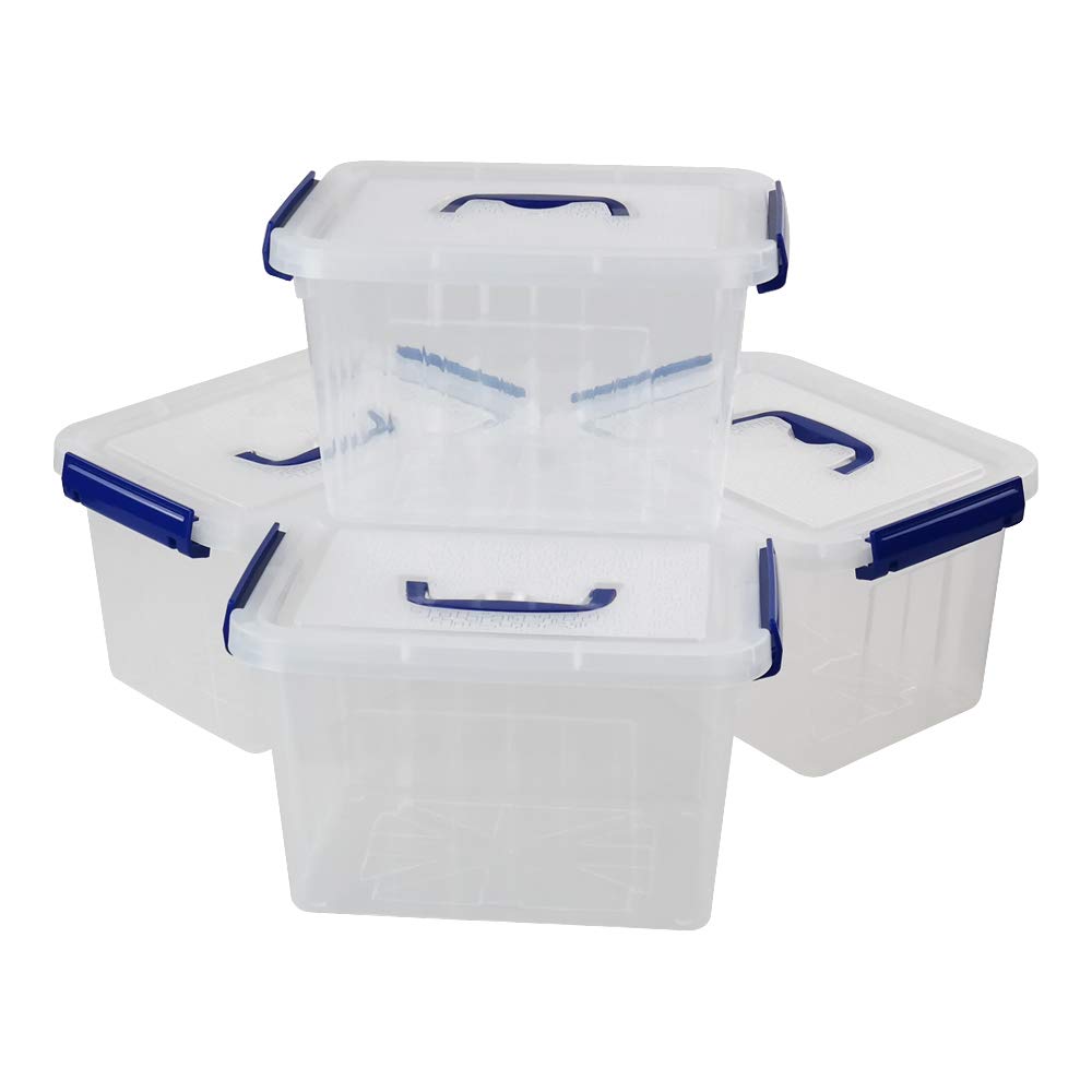 Farmoon 6 Quart Clear Storage Bin, Small Plastic Stackable Box/Cotainer with Lid and Blue Handle, 4 Packs