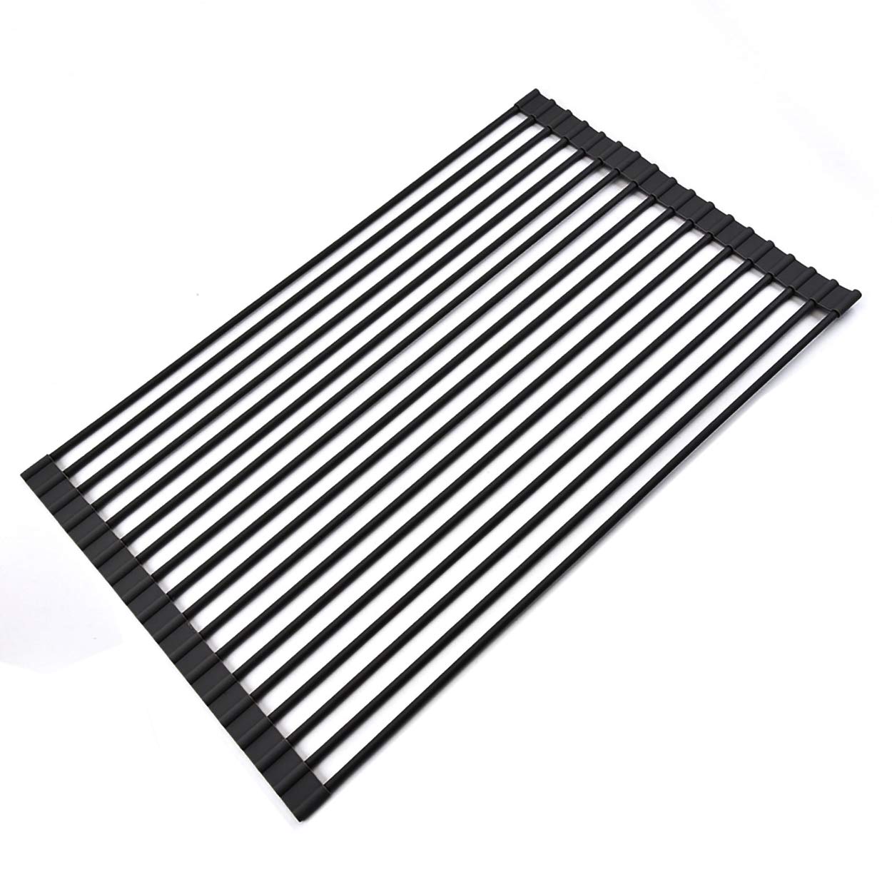 Ahyuan Large Roll up Dish Drying Rack Foldable Dish Rack Over Sink Dish Drainer Roll-up Sink Drying Rack Full Silicone Coated Stainless Still Dish Drying Rack (Matte Black, 17.7''X13.13'')