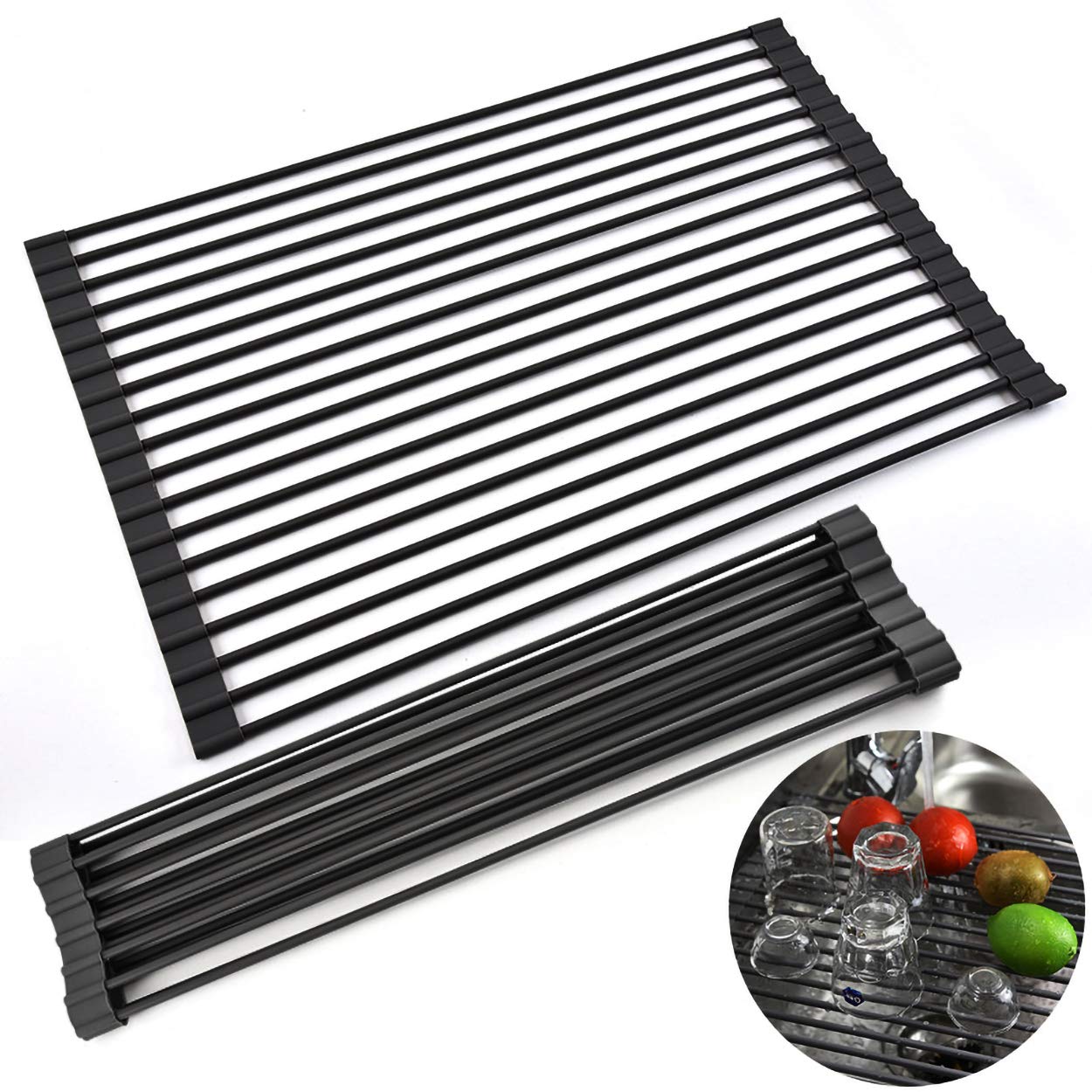 Ahyuan Large Roll up Dish Drying Rack Foldable Dish Rack Over Sink Dish Drainer Roll-up Sink Drying Rack Full Silicone Coated Stainless Still Dish Drying Rack (Matte Black, 17.7''X13.13'')