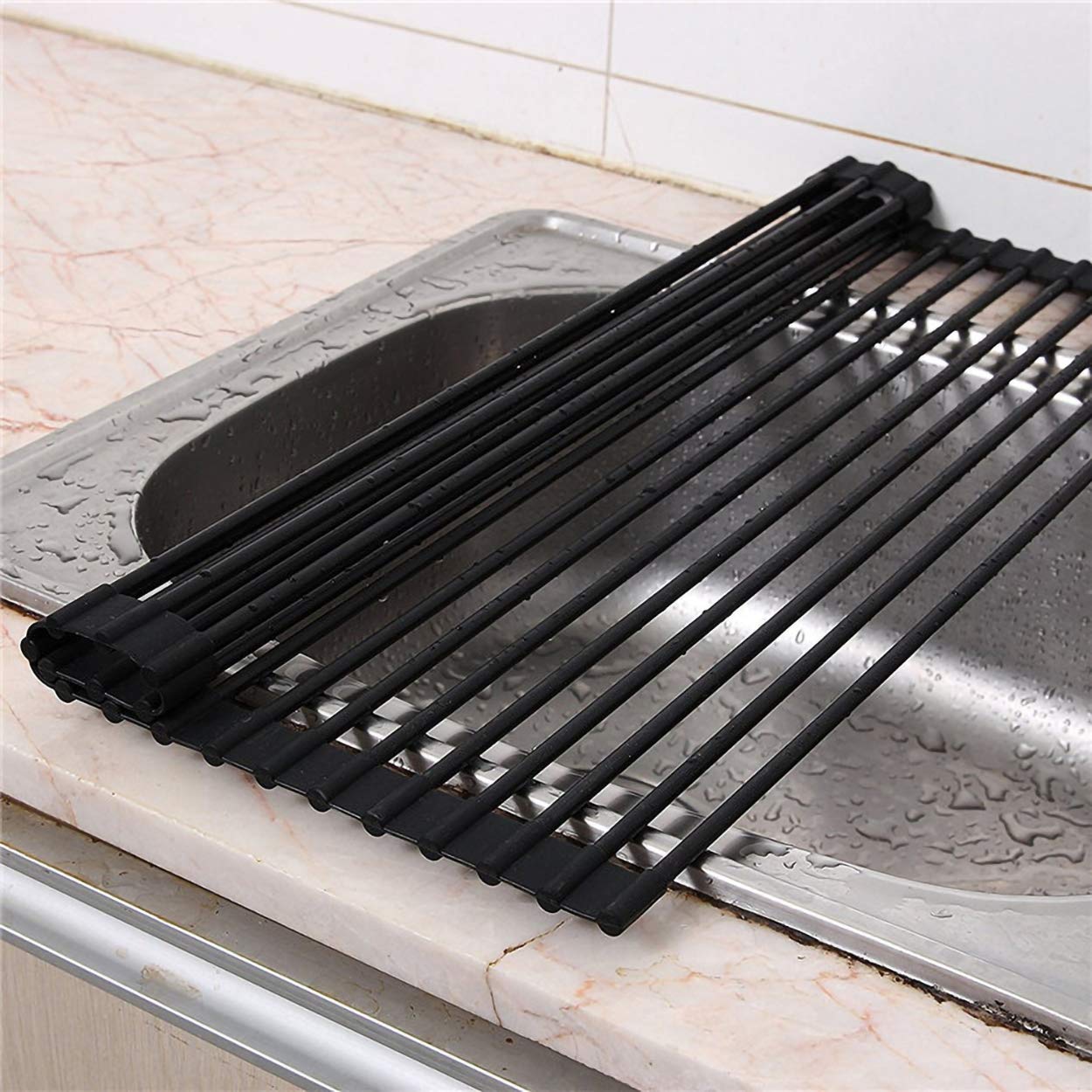 Ahyuan Large Roll up Dish Drying Rack Foldable Dish Rack Over Sink Dish Drainer Roll-up Sink Drying Rack Full Silicone Coated Stainless Still Dish Drying Rack (Matte Black, 17.7''X13.13'')