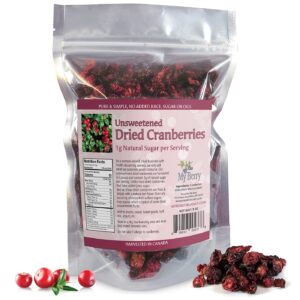 unsweetened dried cranberries, no added sugar, juice or oils, 1g natural sugar per serving, 3oz, more berries per ounce than sweetened berries, woman-owned small company
