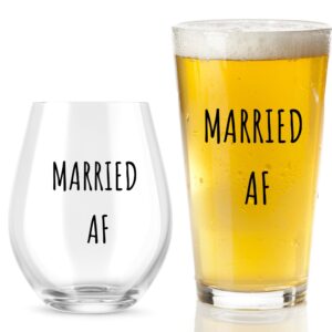 married af wine glass and beer glass gift set - funny mr and mrs wedding or engagement gifts - great for couples, newlyweds, and anniversaries