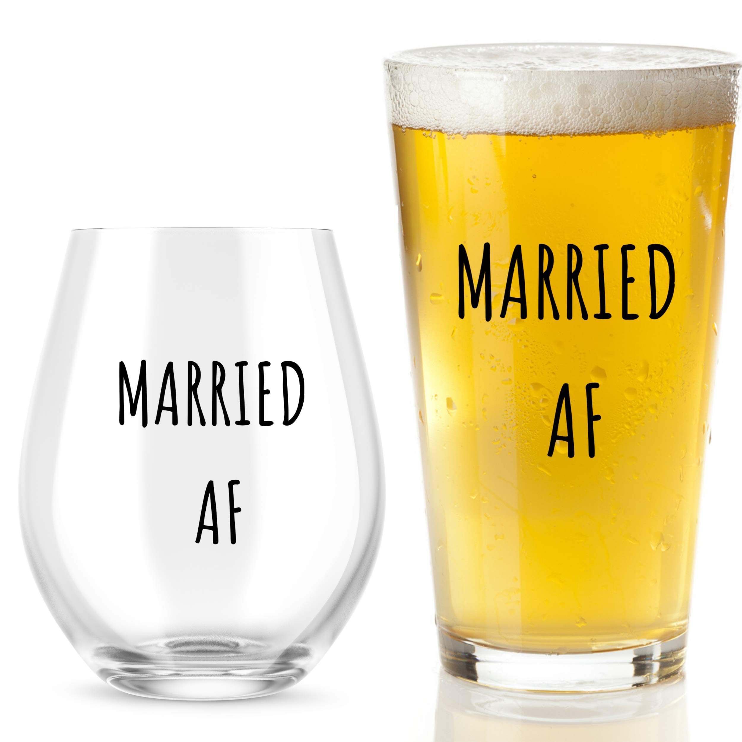 Married AF Wine Glass And Beer Glass Gift Set - Funny Mr And Mrs Wedding Or Engagement Gifts - Great For Couples, Newlyweds, And Anniversaries